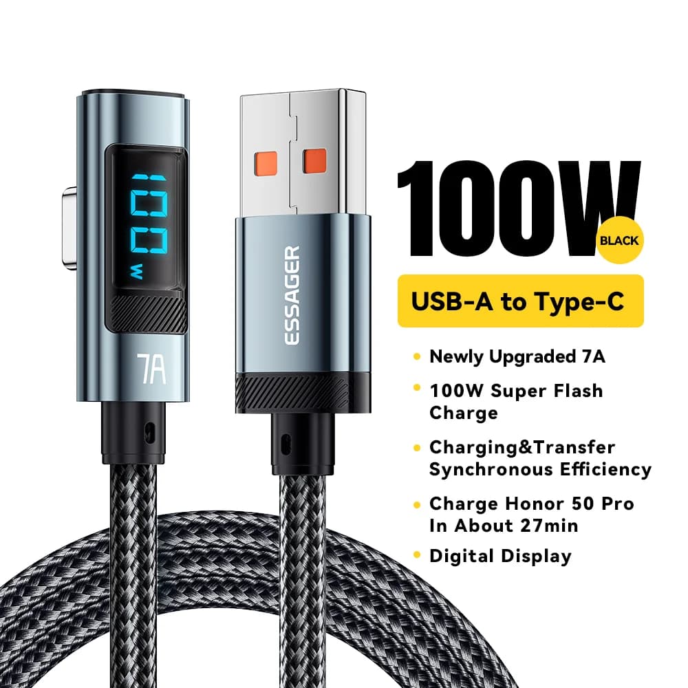 7A 100W kulmakaapelilla varustettu USB-C -kaapeli digitaalisella näytöllä