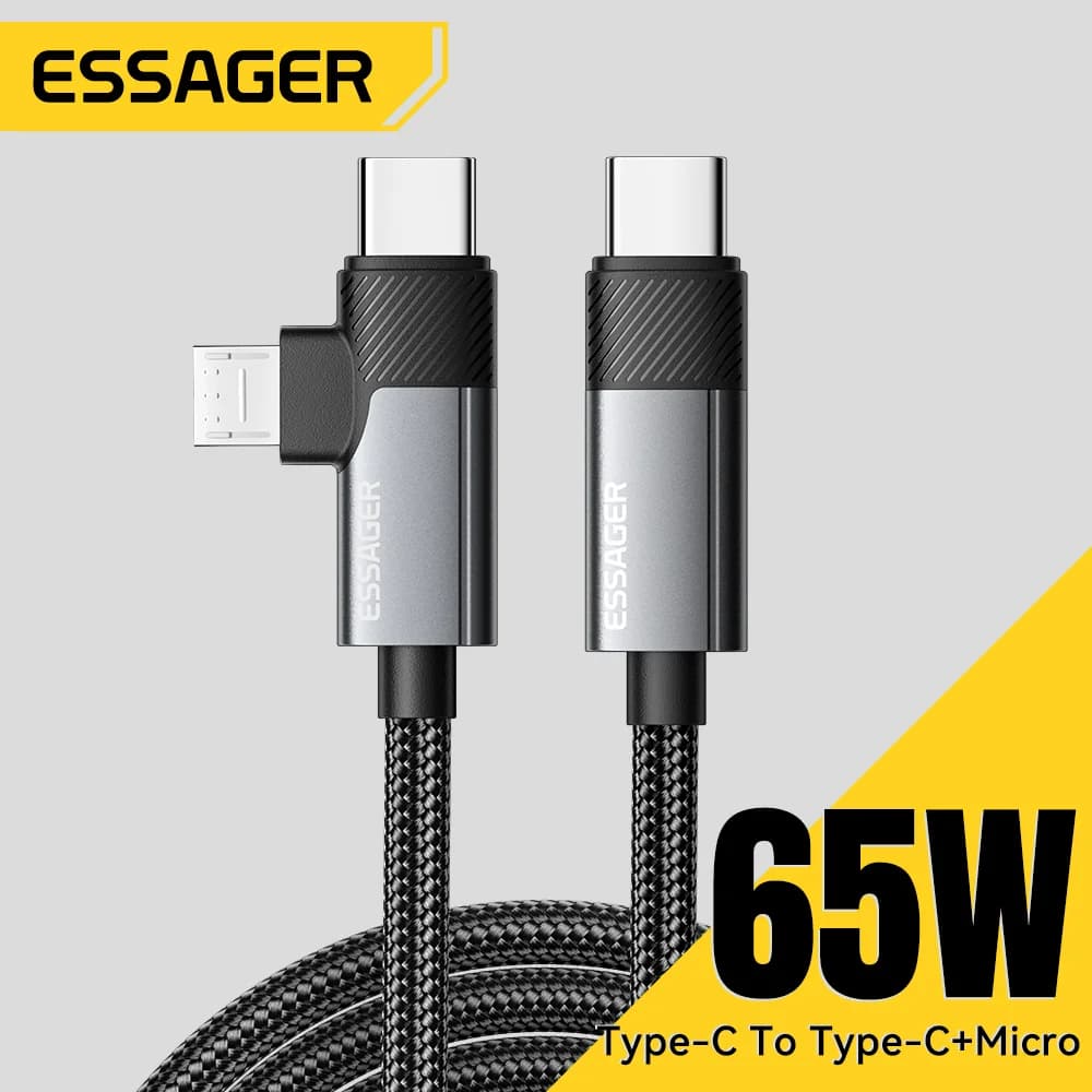 2-in-1 65 W PD-pikalatauskaapeli Type-C/USB-A Micro-USB:een