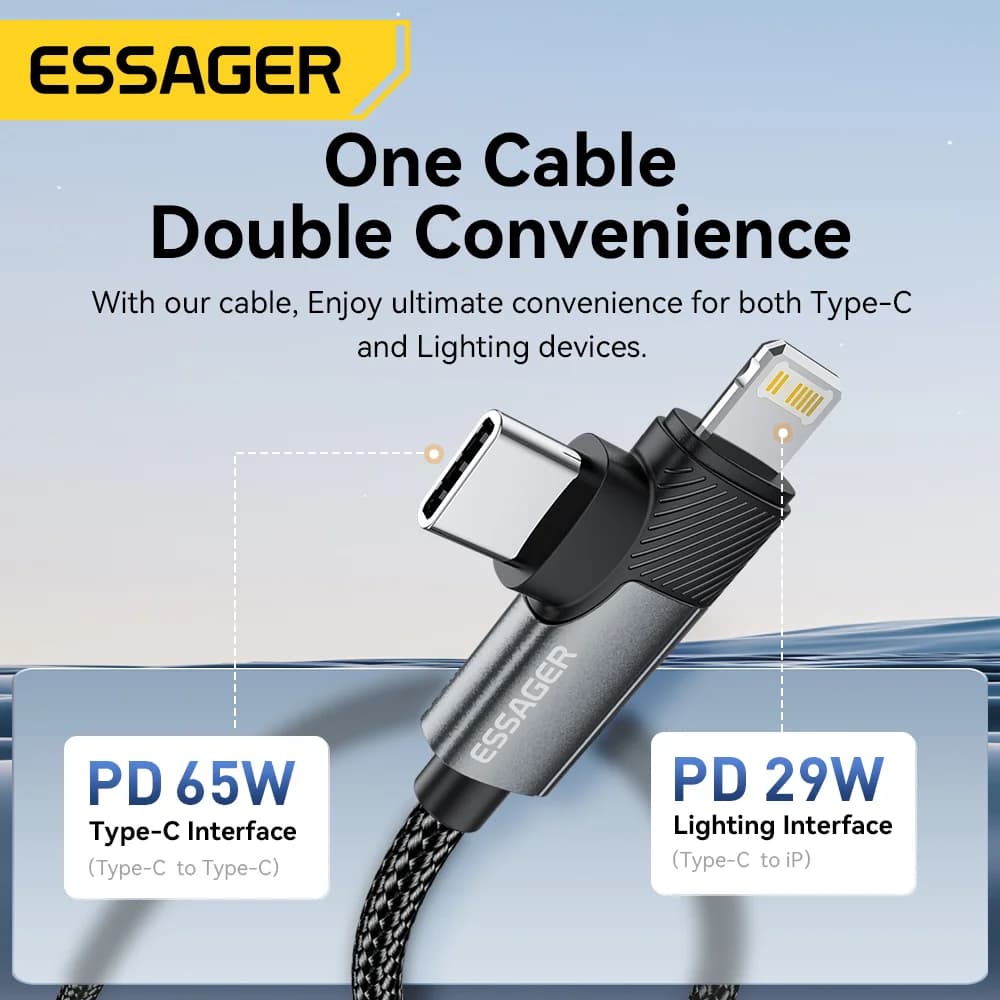 65W 2-in-1 USB-C - Lightning-kaapeli