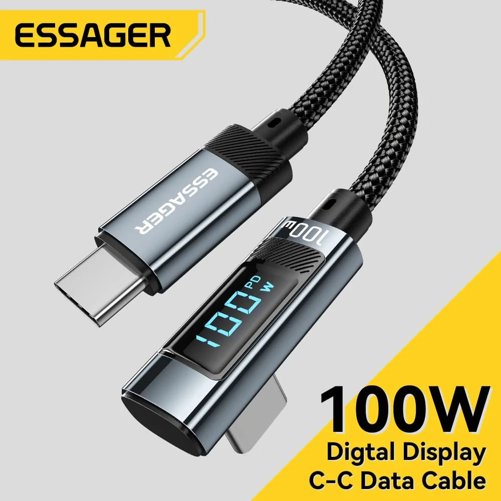100W USB Type-C - USB-C -kaapeli, jossa 90° LED-näyttö